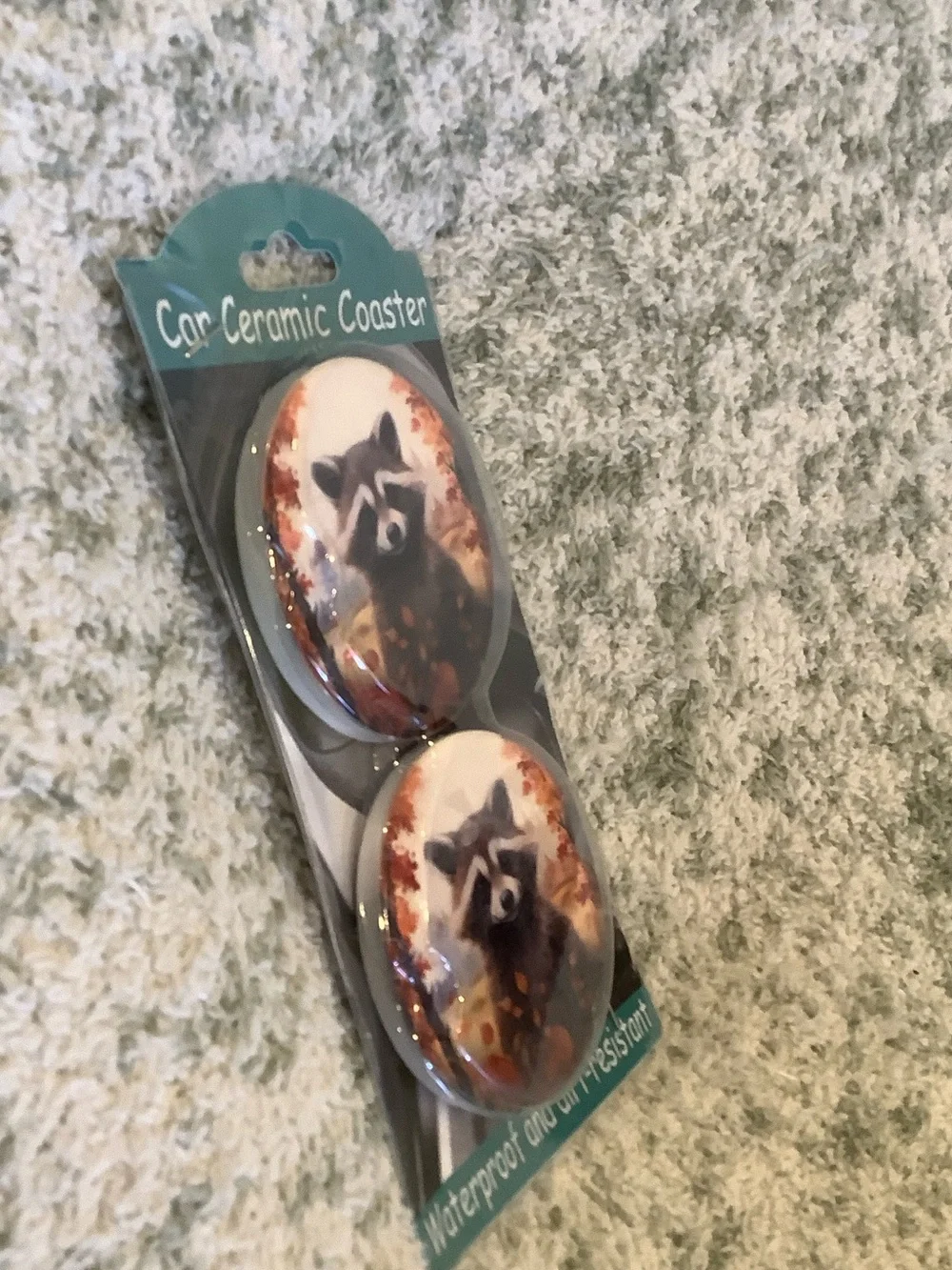 Raccoon Ceramic Car Coaster Set of Two, NWT waterproof 2.75”